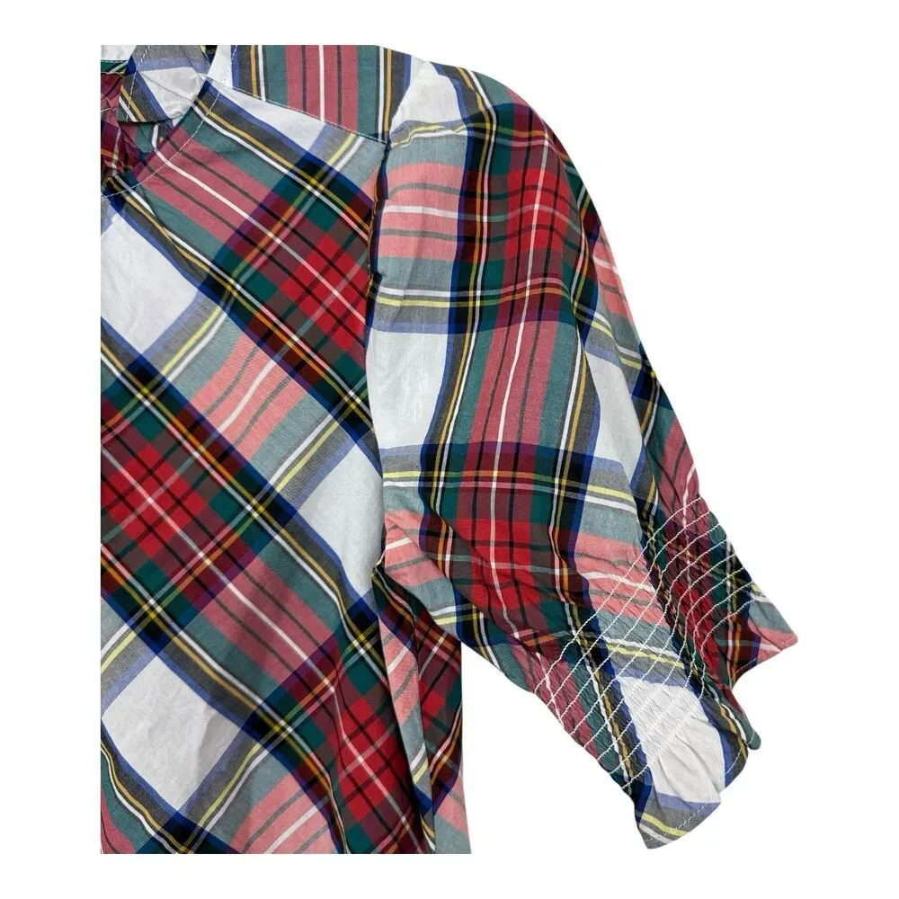 J.CREW Stuart Tartan Shirt Sz XXS Puff Sleeve White Red Plaid BE001 High Neck